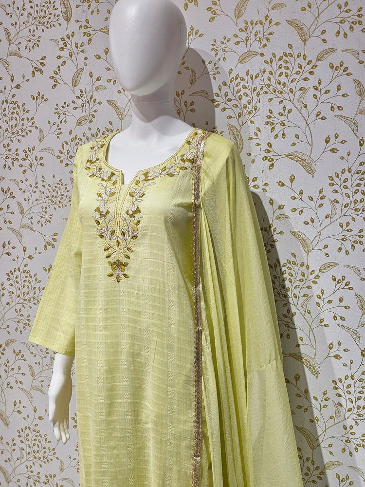 Elegant Cotton Kurta Set Thread Embroidered Neckline with Sequined Chiffon Dupatta