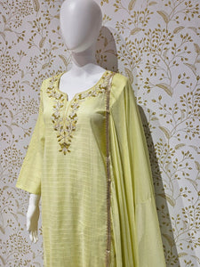 Elegant Cotton Kurta Set Thread Embroidered Neckline with Sequined Chiffon Dupatta