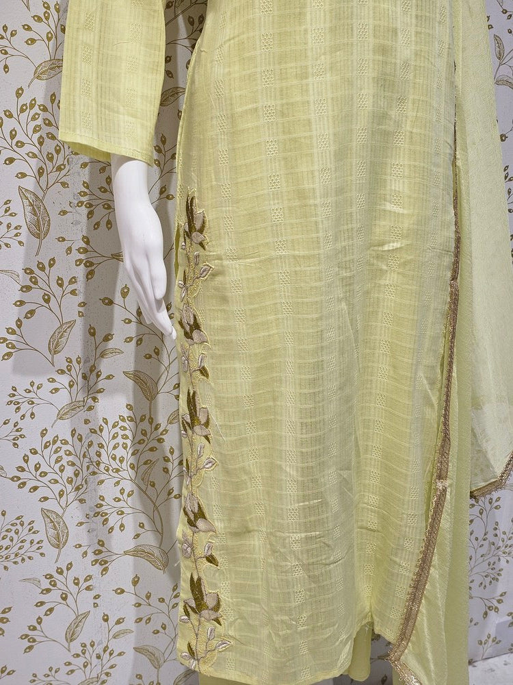 Elegant Cotton Kurta Set Thread Embroidered Neckline with Sequined Chiffon Dupatta