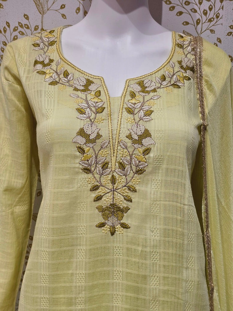 Elegant Cotton Kurta Set Thread Embroidered Neckline with Sequined Chiffon Dupatta