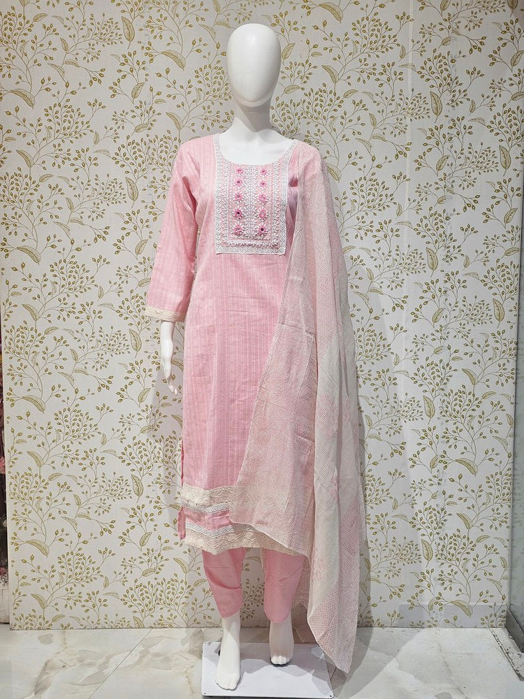 Elegant Cotton Kurta Set  Thread Embroidered Neckline with Printed Kota Doriya Dupatta