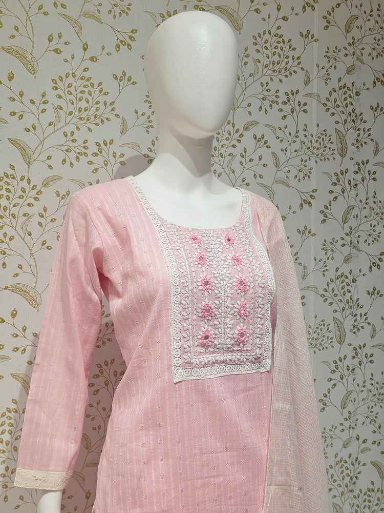 Elegant Cotton Kurta Set  Thread Embroidered Neckline with Printed Kota Doriya Dupatta