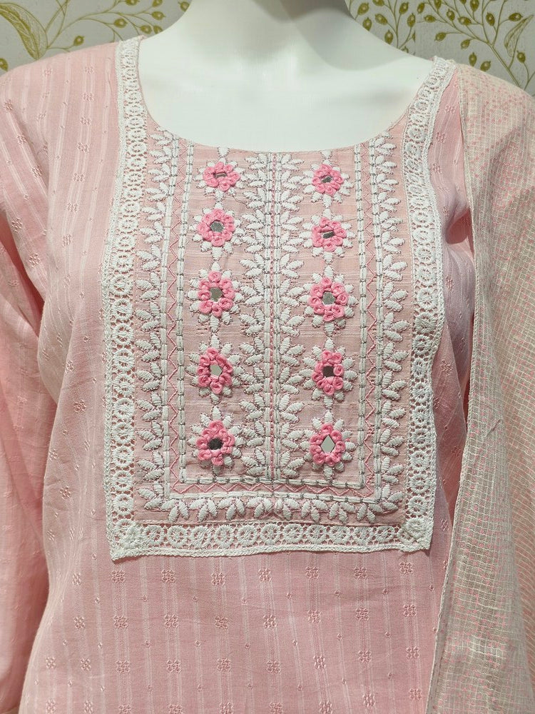 Elegant Cotton Kurta Set  Thread Embroidered Neckline with Printed Kota Doriya Dupatta