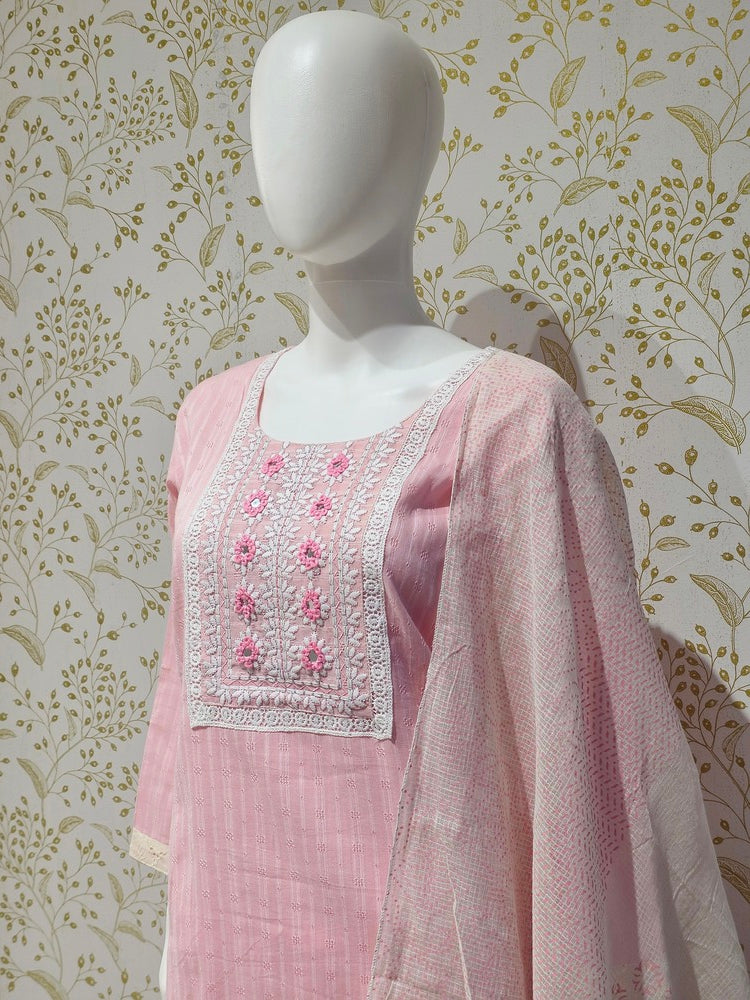 Elegant Cotton Kurta Set  Thread Embroidered Neckline with Printed Kota Doriya Dupatta