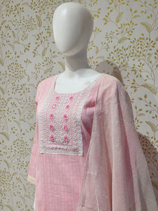 Elegant Cotton Kurta Set  Thread Embroidered Neckline with Printed Kota Doriya Dupatta