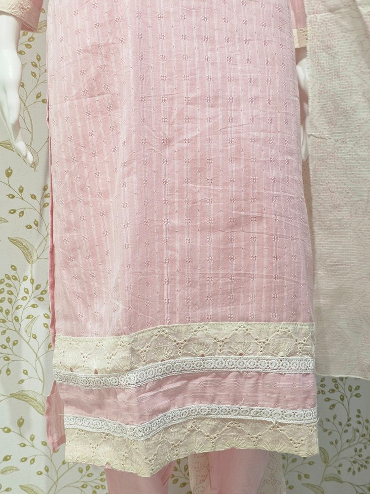 Elegant Cotton Kurta Set  Thread Embroidered Neckline with Printed Kota Doriya Dupatta