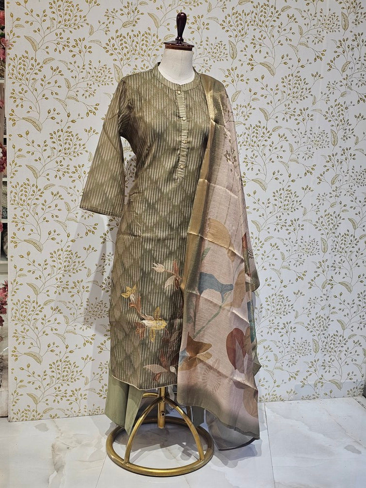 Elegant Tissue Chanderi Kurta Set  Digital Printed Kurta with Silk Pants & Lightweight Dupatta