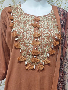 Elegant Cotton Kurta Set Thread Embroidery with Shell & Pearl Tassels, Chanderi Dupatta