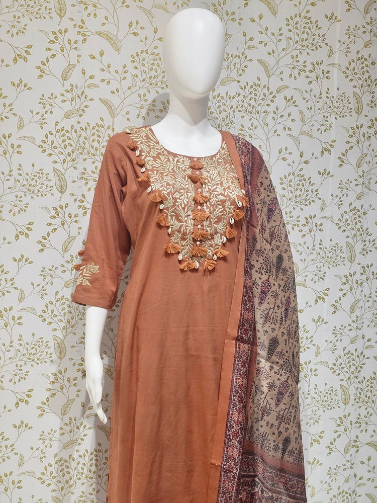Elegant Cotton Kurta Set Thread Embroidery with Shell & Pearl Tassels, Chanderi Dupatta
