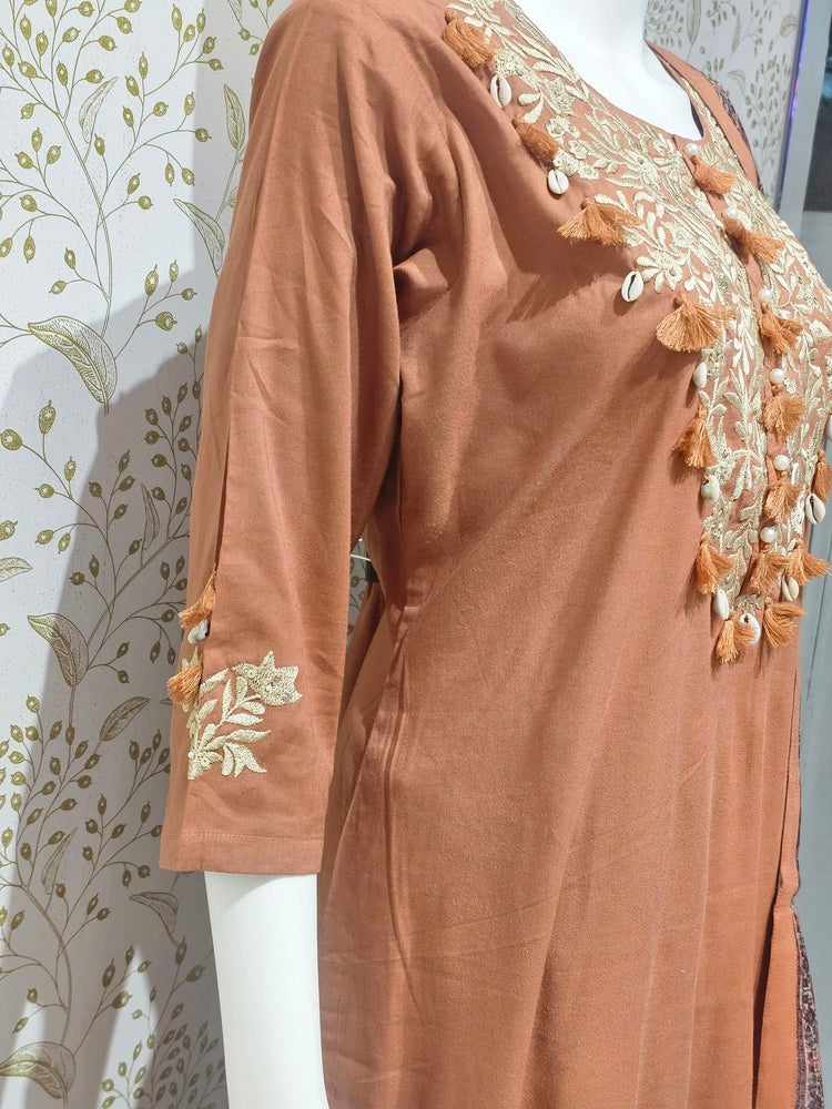 Elegant Cotton Kurta Set Thread Embroidery with Shell & Pearl Tassels, Chanderi Dupatta