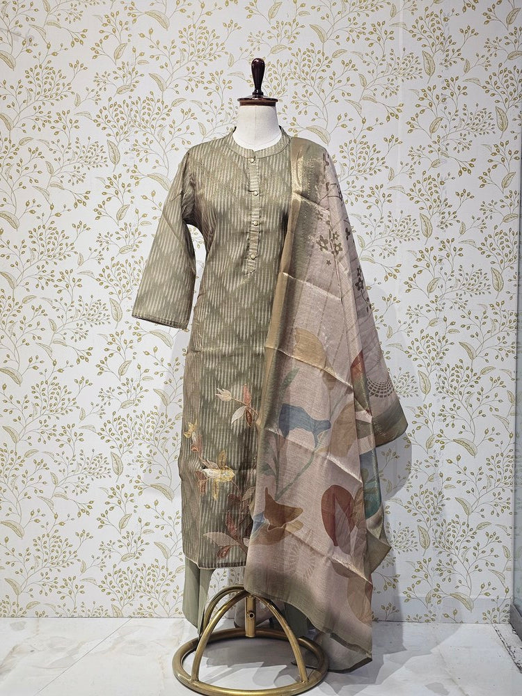Elegant Tissue Chanderi Kurta Set  Digital Printed Kurta with Silk Pants & Lightweight Dupatta