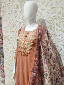 Elegant Cotton Kurta Set Thread Embroidery with Shell & Pearl Tassels, Chanderi Dupatta