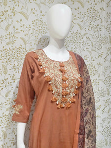 Elegant Cotton Kurta Set Thread Embroidery with Shell & Pearl Tassels, Chanderi Dupatta