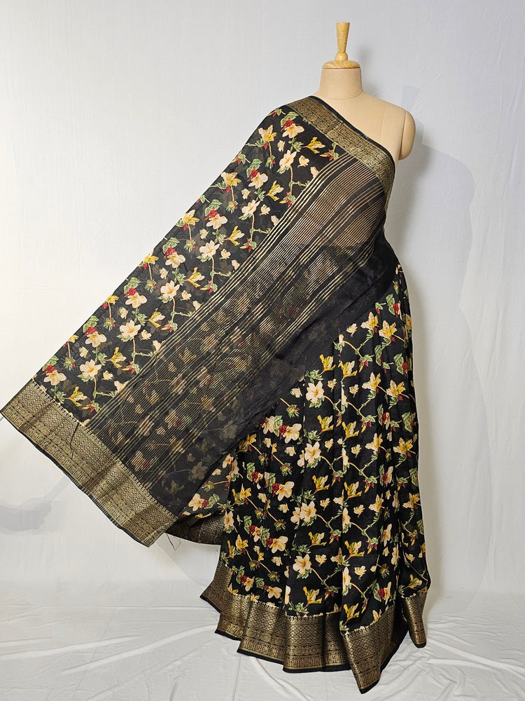 Floral Kalamkari Printed Chiffon Saree with Golden Border & Jari Pallu