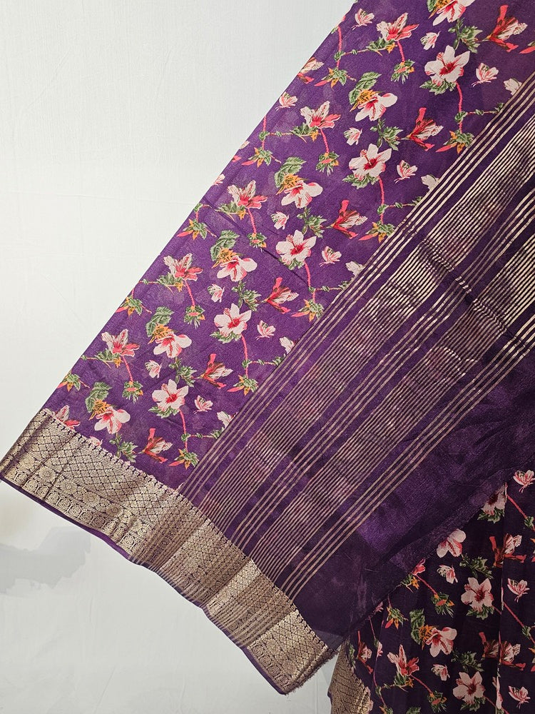 Floral Kalamkari Printed Chiffon Saree with Golden Border & Jari Pallu