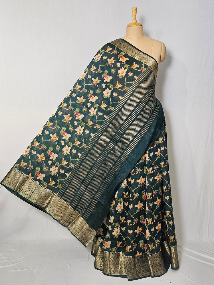 Floral Kalamkari Printed Chiffon Saree with Golden Border & Jari Pallu