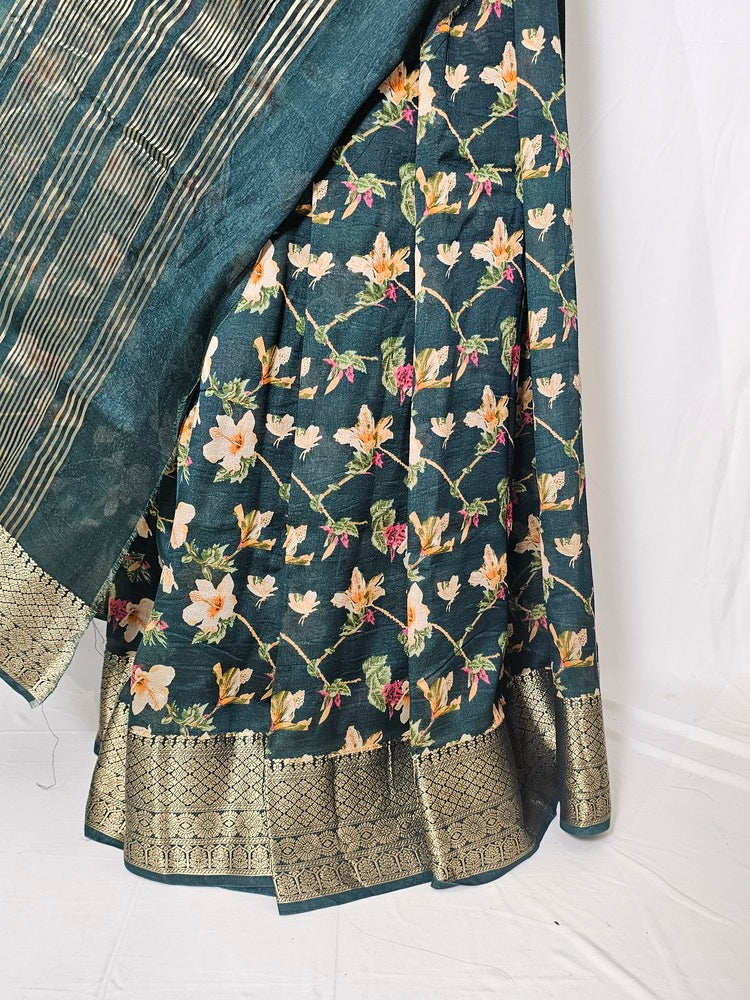 Floral Kalamkari Printed Chiffon Saree with Golden Border & Jari Pallu