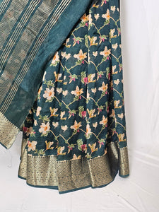 Floral Kalamkari Printed Chiffon Saree with Golden Border & Jari Pallu