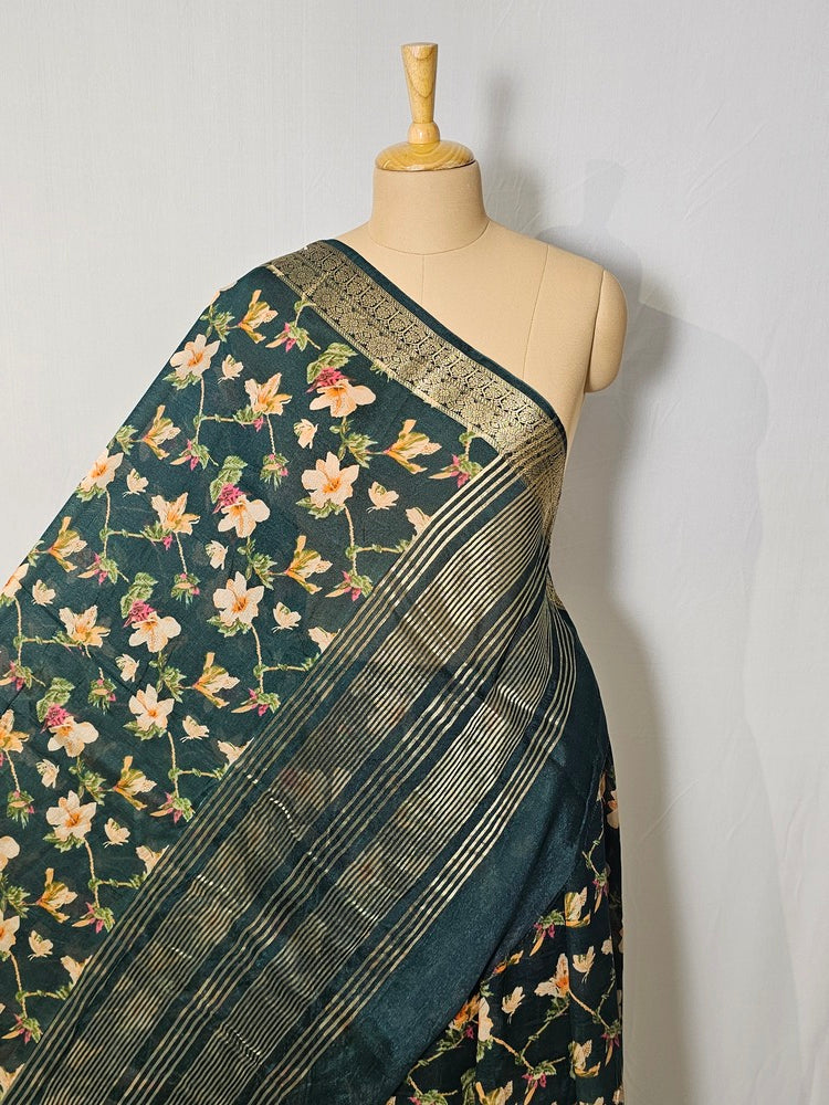 Floral Kalamkari Printed Chiffon Saree with Golden Border & Jari Pallu