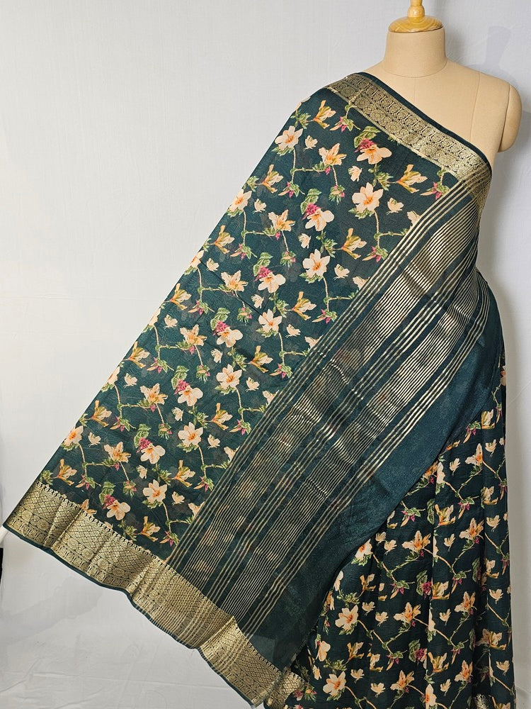 Floral Kalamkari Printed Chiffon Saree with Golden Border & Jari Pallu