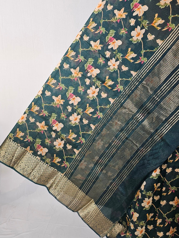 Floral Kalamkari Printed Chiffon Saree with Golden Border & Jari Pallu