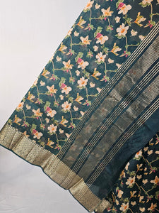 Floral Kalamkari Printed Chiffon Saree with Golden Border & Jari Pallu