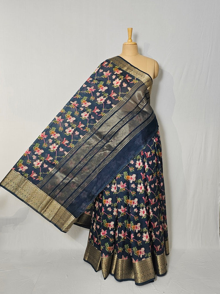 Floral Kalamkari Printed Chiffon Saree with Golden Border & Jari Pallu