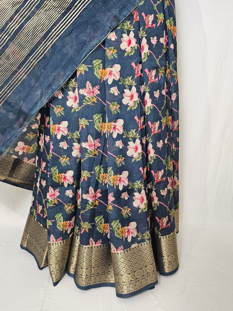 Floral Kalamkari Printed Chiffon Saree with Golden Border & Jari Pallu