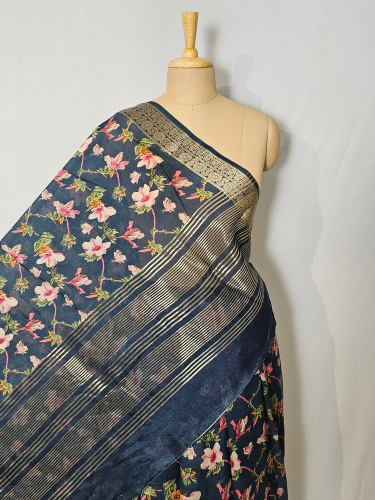 Floral Kalamkari Printed Chiffon Saree with Golden Border & Jari Pallu