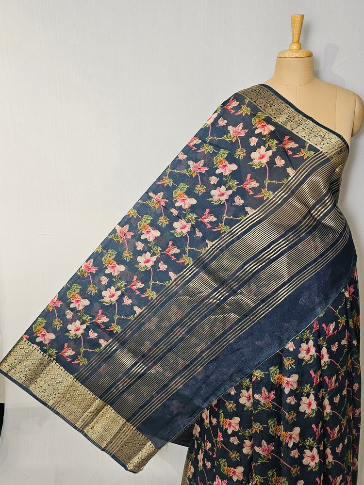 Floral Kalamkari Printed Chiffon Saree with Golden Border & Jari Pallu