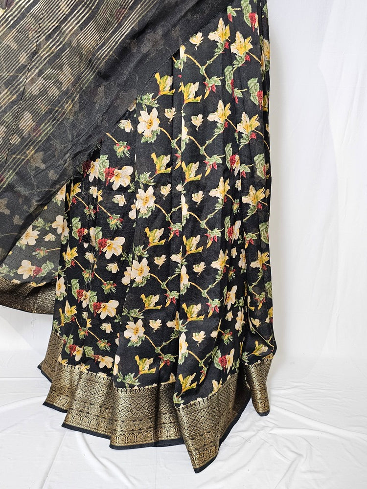 Floral Kalamkari Printed Chiffon Saree with Golden Border & Jari Pallu