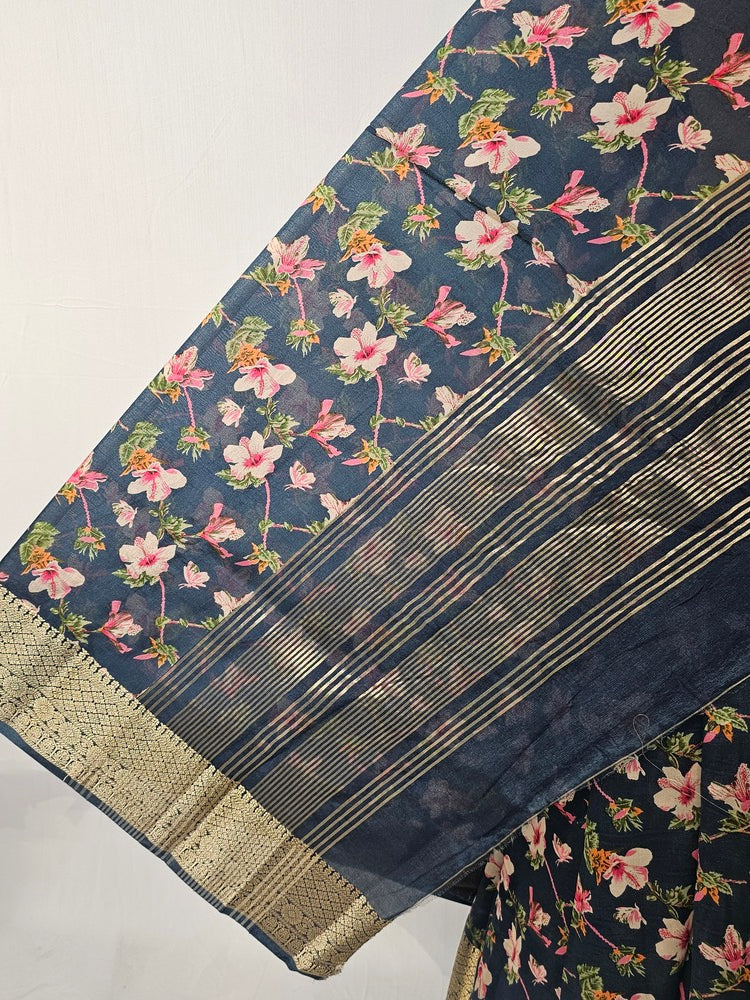 Floral Kalamkari Printed Chiffon Saree with Golden Border & Jari Pallu