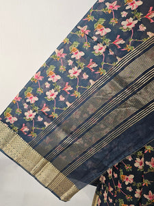 Floral Kalamkari Printed Chiffon Saree with Golden Border & Jari Pallu