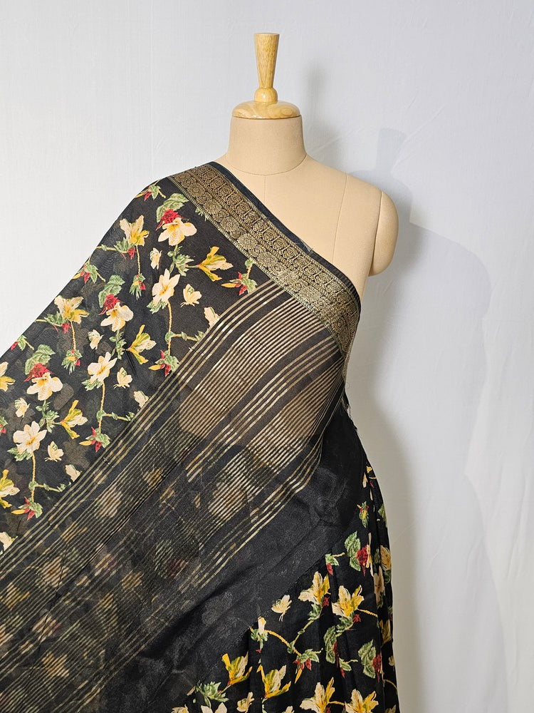 Floral Kalamkari Printed Chiffon Saree with Golden Border & Jari Pallu