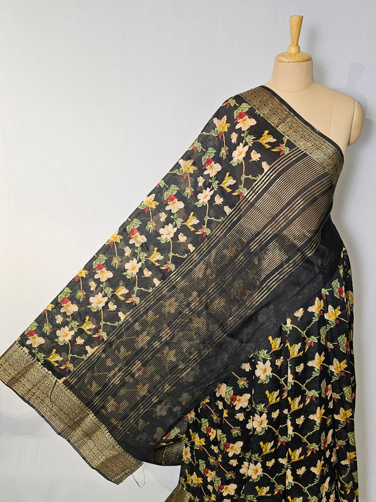Floral Kalamkari Printed Chiffon Saree with Golden Border & Jari Pallu