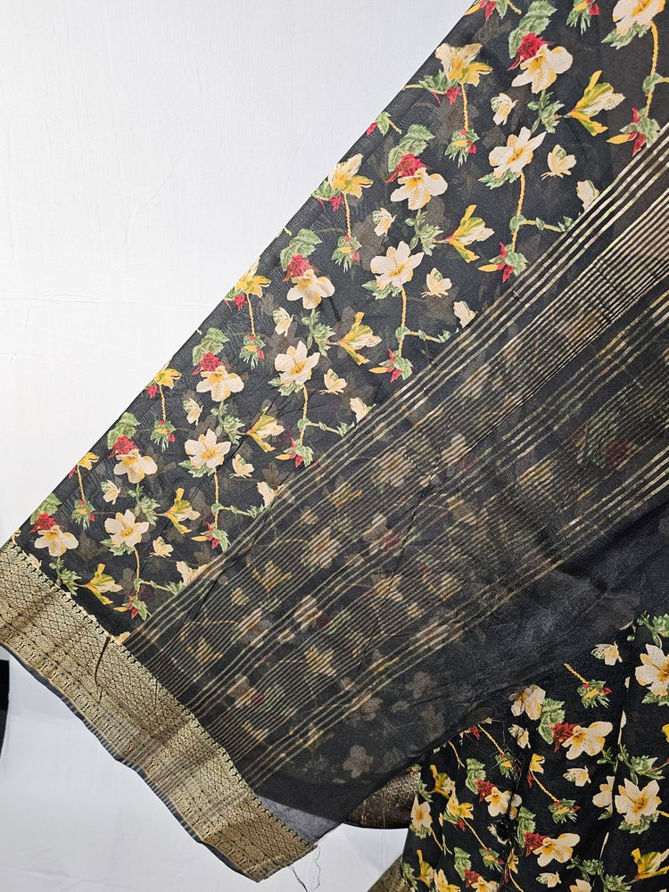 Floral Kalamkari Printed Chiffon Saree with Golden Border & Jari Pallu