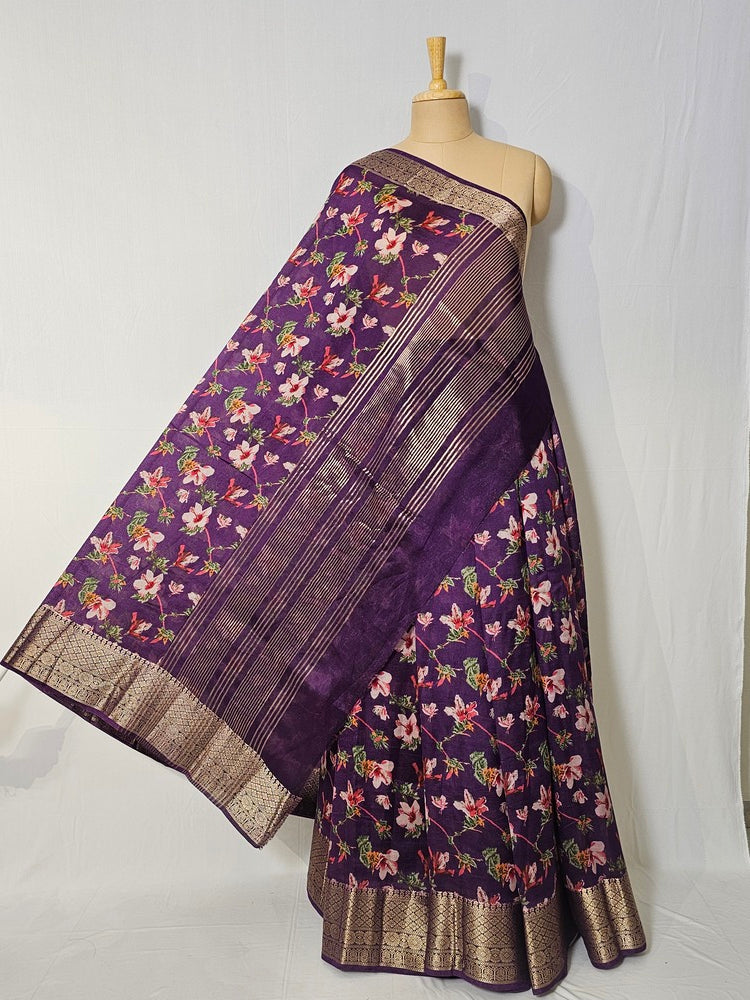 Floral Kalamkari Printed Chiffon Saree with Golden Border & Jari Pallu