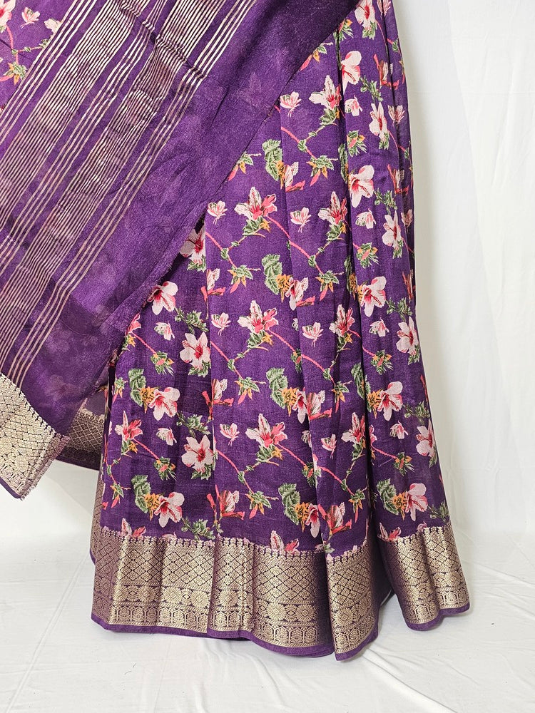 Floral Kalamkari Printed Chiffon Saree with Golden Border & Jari Pallu