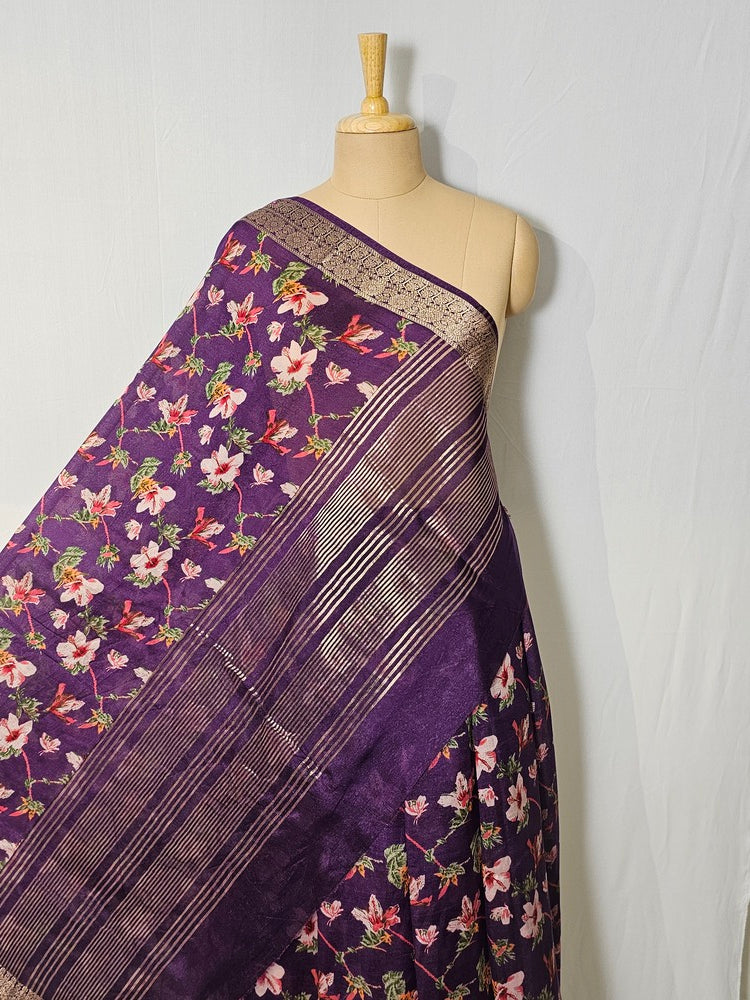 Floral Kalamkari Printed Chiffon Saree with Golden Border & Jari Pallu