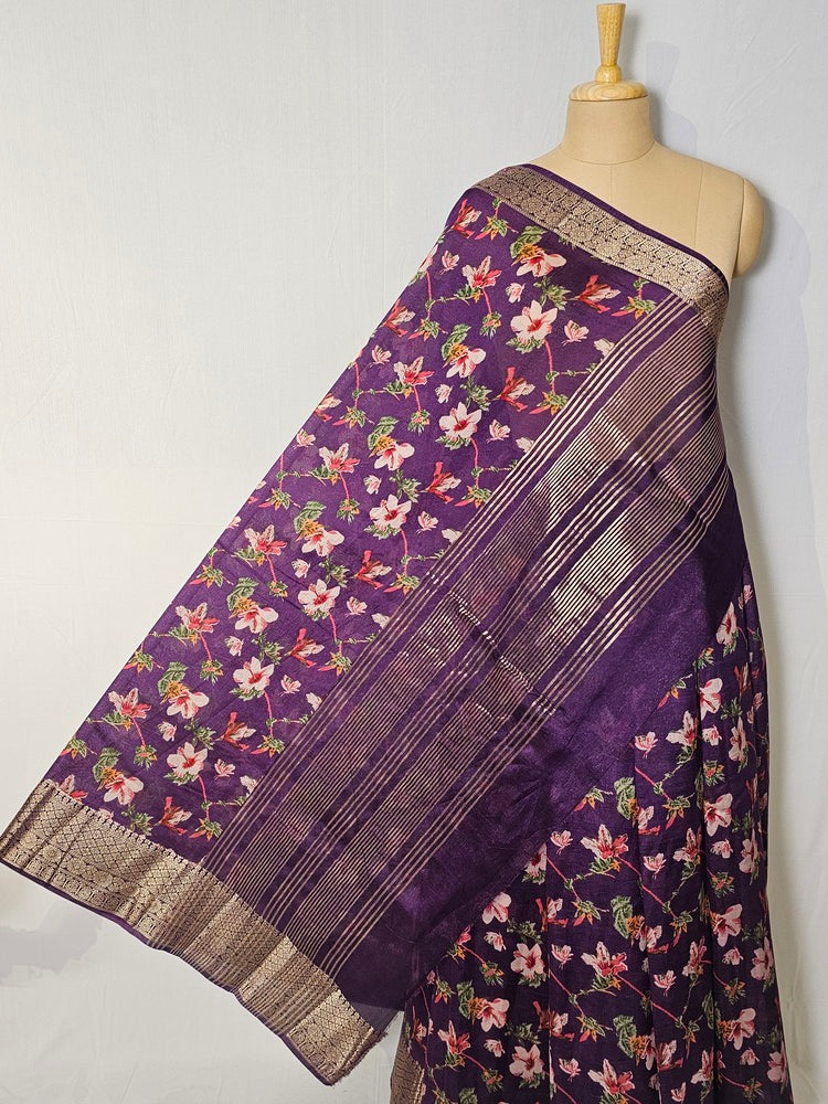 Floral Kalamkari Printed Chiffon Saree with Golden Border & Jari Pallu