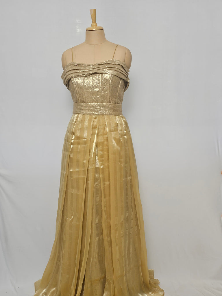 Indo-Western Off-Shoulder Sequin Gown with Organza Drape