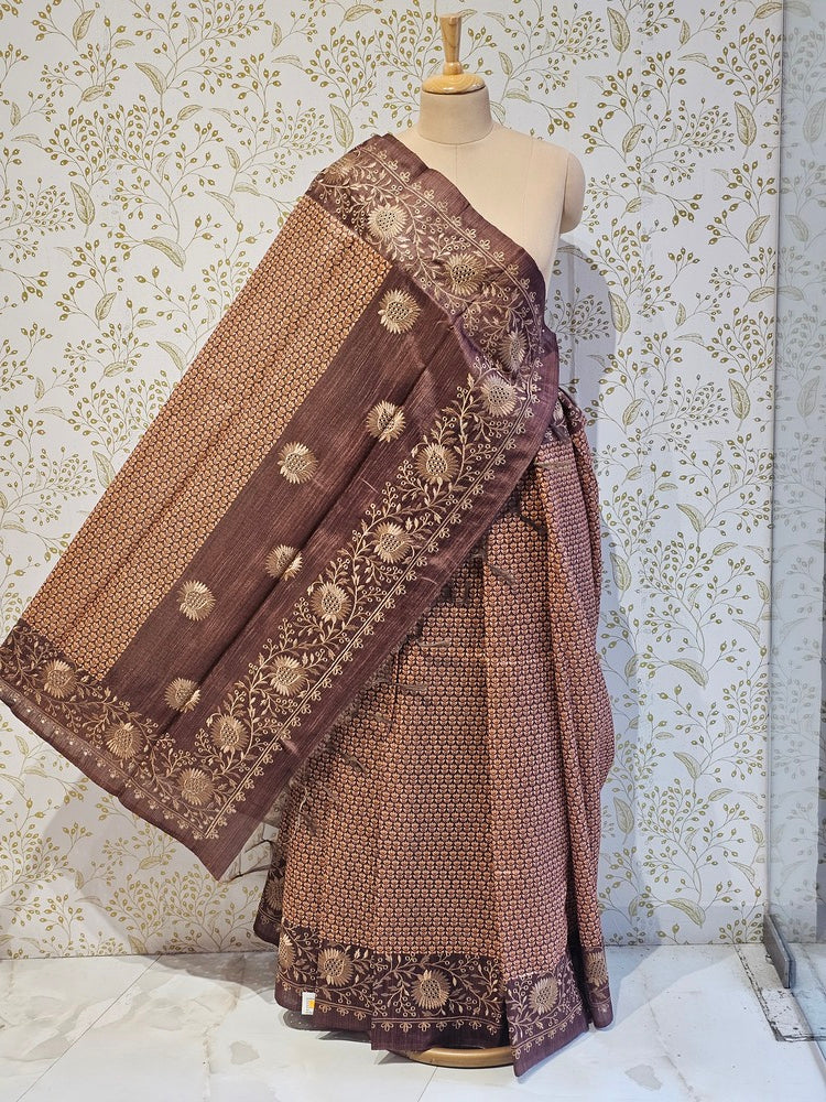 Hakoba Embroidered Kalamkari Cotton Tussar Saree with Floral Border