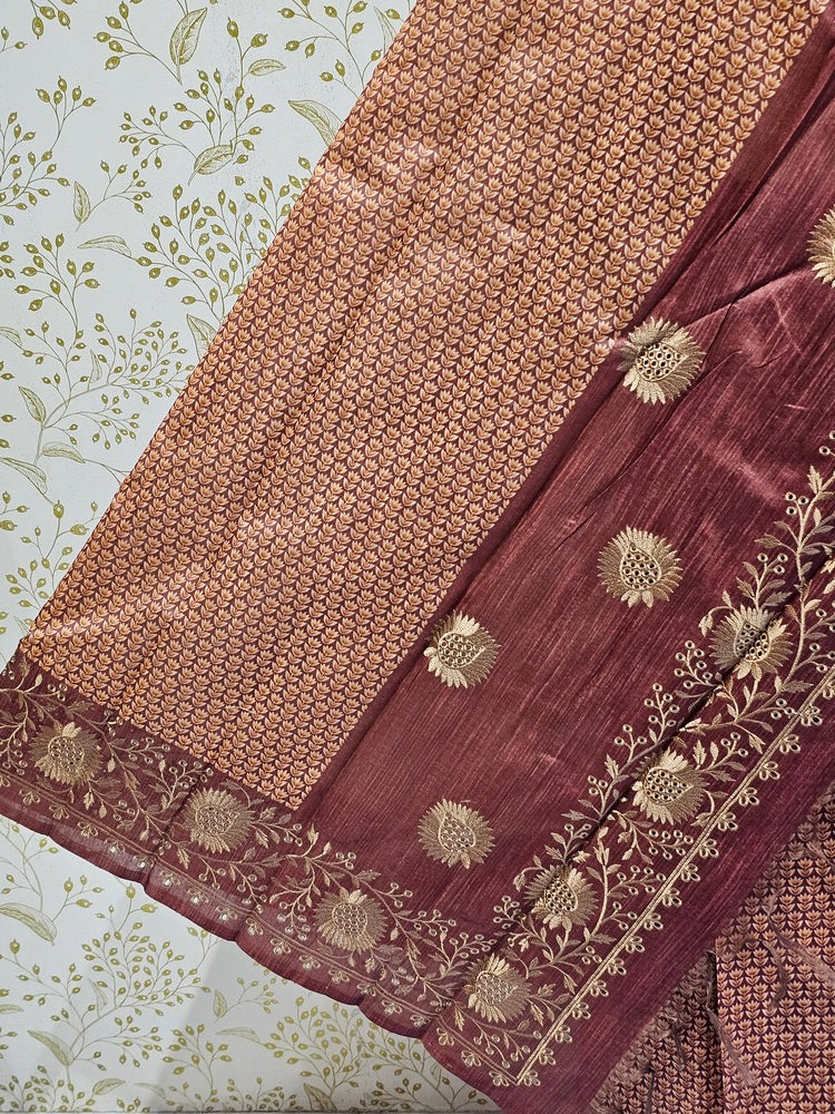Hakoba Embroidered Kalamkari Cotton Tussar Saree with Floral Border