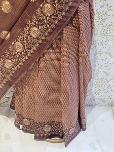 Hakoba Embroidered Kalamkari Cotton Tussar Saree with Floral Border