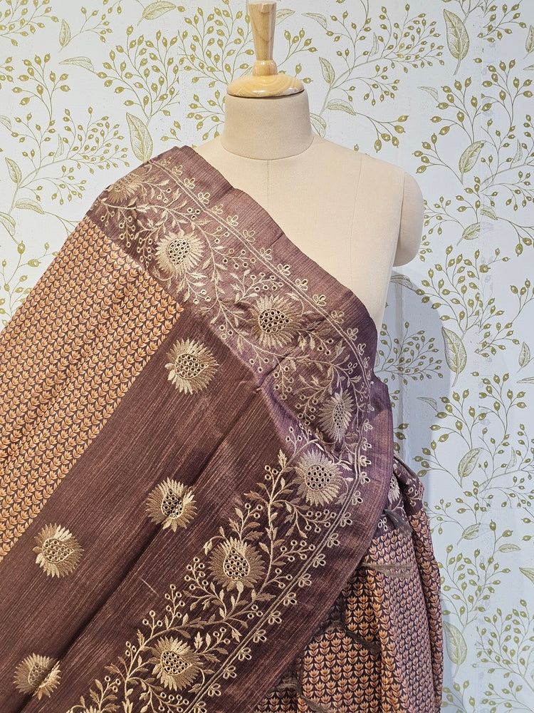 Hakoba Embroidered Kalamkari Cotton Tussar Saree with Floral Border