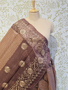 Hakoba Embroidered Kalamkari Cotton Tussar Saree with Floral Border