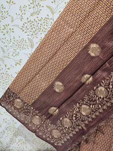 Hakoba Embroidered Kalamkari Cotton Tussar Saree with Floral Border