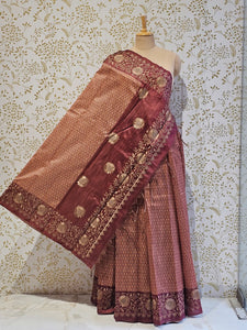 Hakoba Embroidered Kalamkari Cotton Tussar Saree with Floral Border