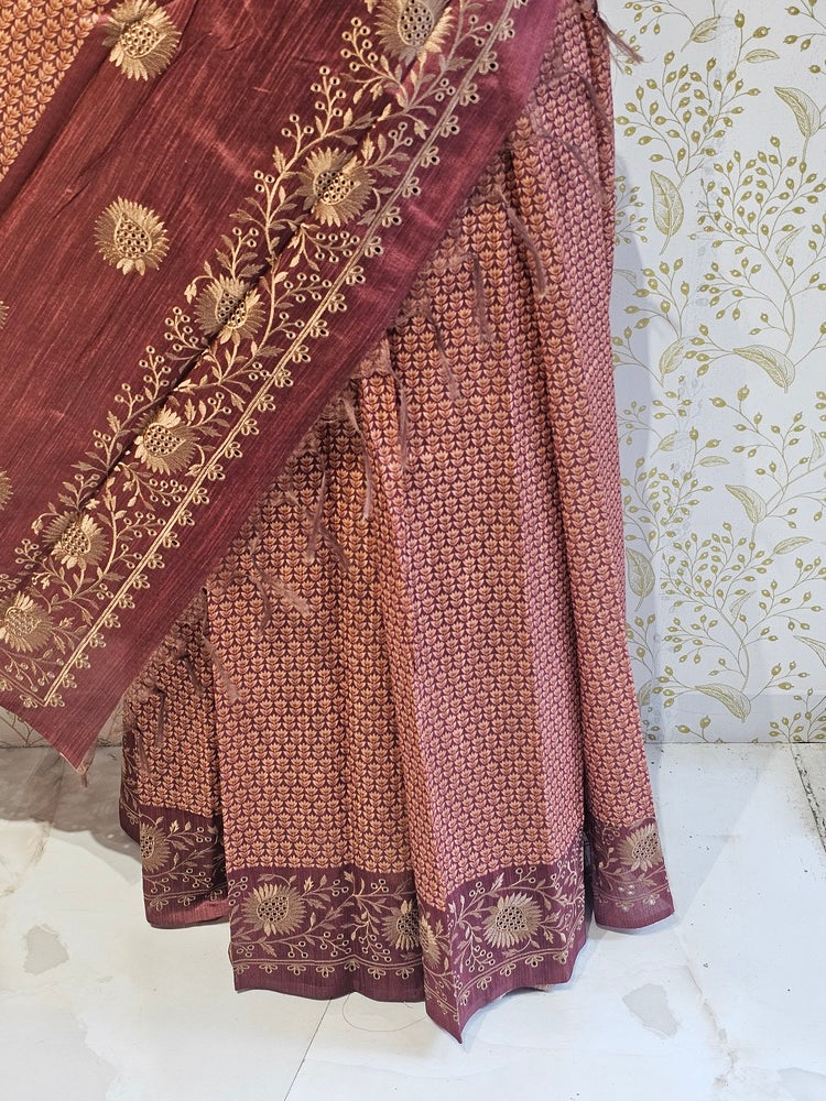 Hakoba Embroidered Kalamkari Cotton Tussar Saree with Floral Border