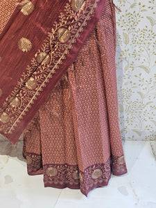 Hakoba Embroidered Kalamkari Cotton Tussar Saree with Floral Border